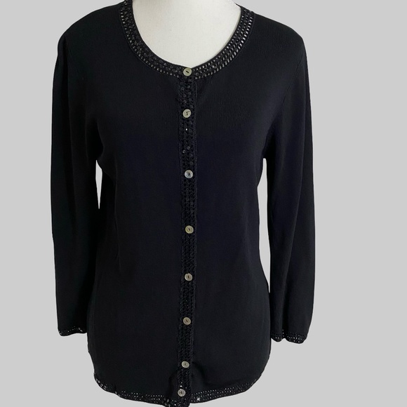 Black Knit Sequin Crochet Detail Button Up Holiday Party Office Sweater- Sz-M - Picture 1 of 16